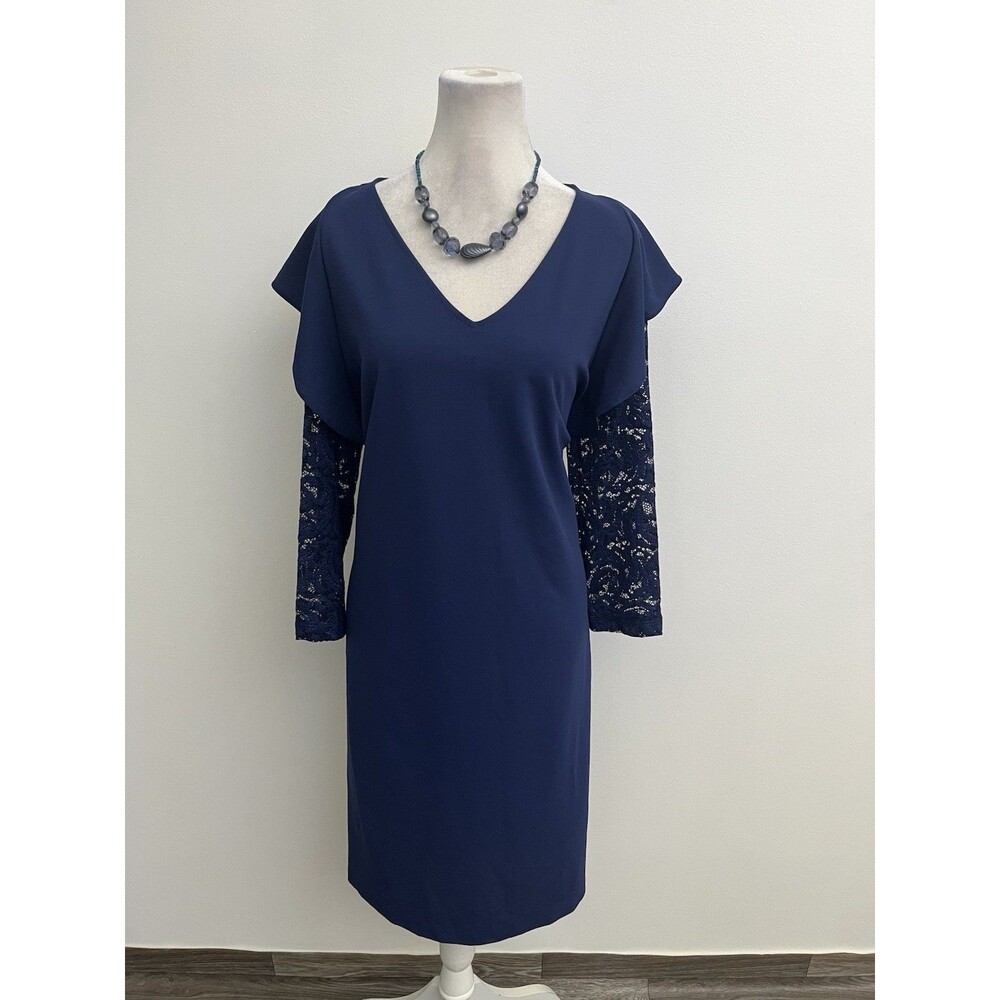 Du Jour Navy Blue V-Neck Shift Dress Lace Ruffle Sleeve Women's Size L